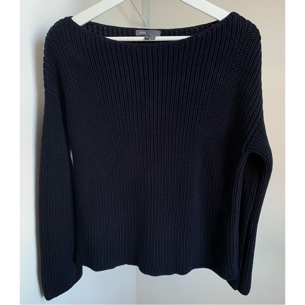 Vince • M • Navy Knit Bateau Boatneck Drop Shoulder Long Sleeve Sweater